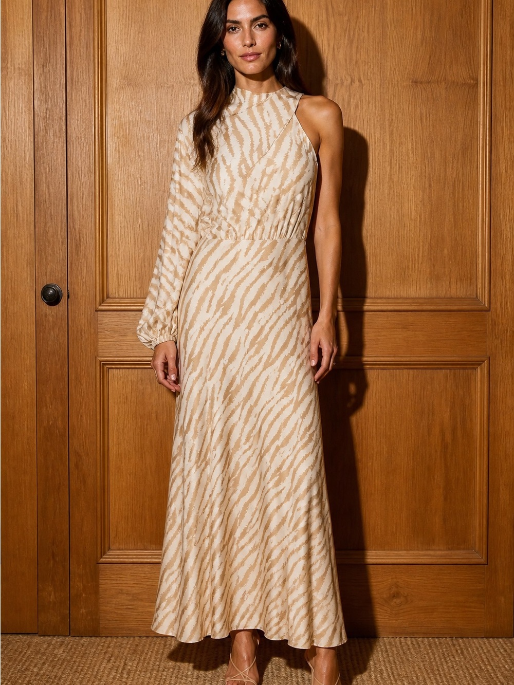 entro One-Shoulder Beige Zebra-Print Maxi Dress